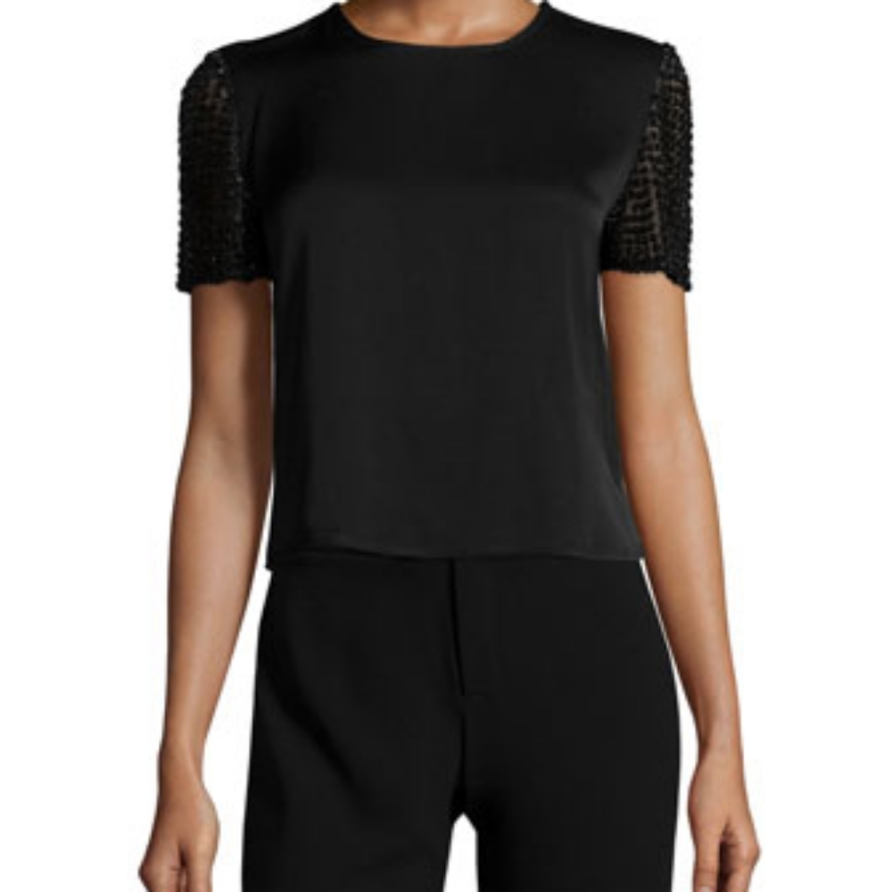 Haute Hippie Black Satin Crop Top with Beaded Embellish Mesh Sheer Short Sleeve